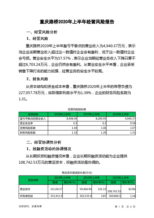 重庆路桥2020年上半年经营风险报告