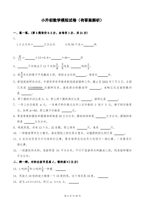 小升初数学模拟试卷(有答案解析)