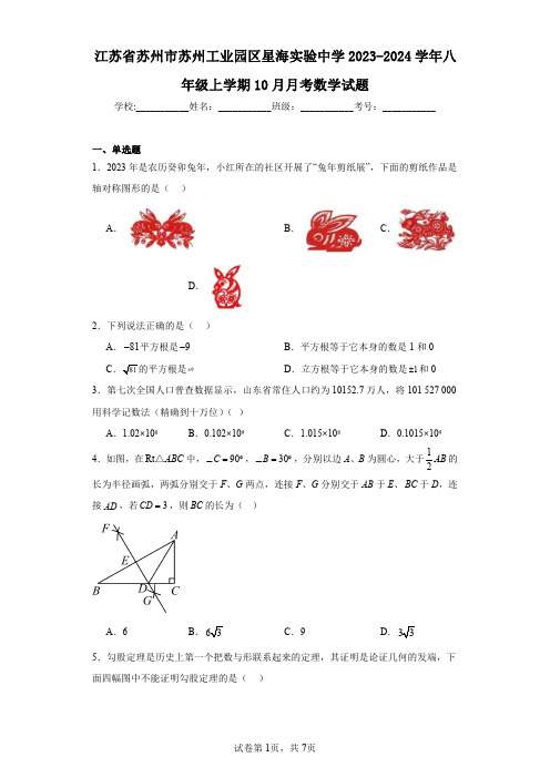 江苏省苏州市苏州工业园区星海实验中学2023-2024学年八年级上学期10月月考数学试题