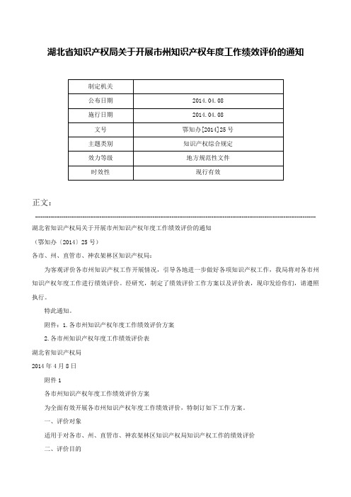 湖北省知识产权局关于开展市州知识产权年度工作绩效评价的通知-鄂知办[2014]25号