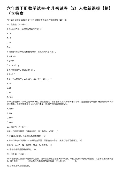 六年级下册数学试卷-小升初试卷（2）人教新课标【精】（含答案