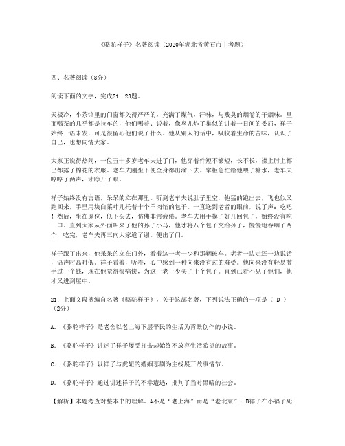 《骆驼样子》名著阅读(2020年湖北省黄石市中考题)