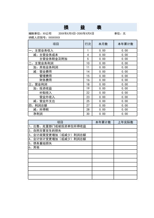 财务损益表模板表格