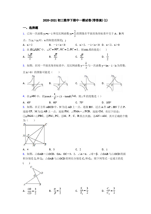 2020-2021初三数学下期中一模试卷(带答案)(1)