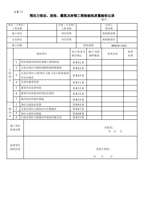 预应力张拉、放张、灌浆及封锚工程检验批质量验收记录