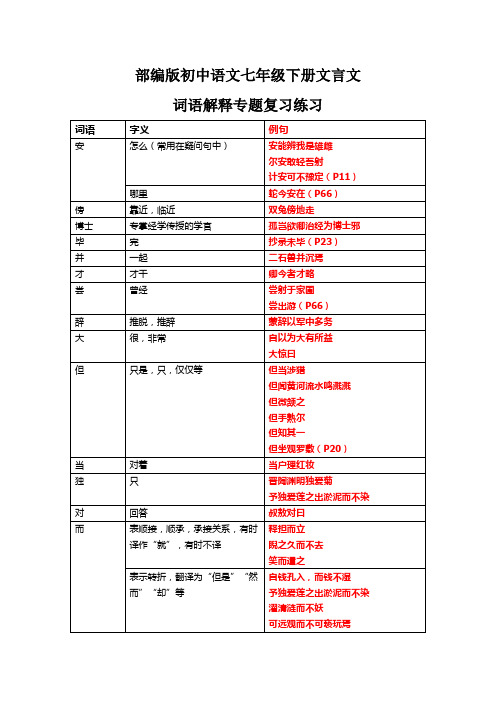 部编版语文七年级下册文言字词解释专题复习