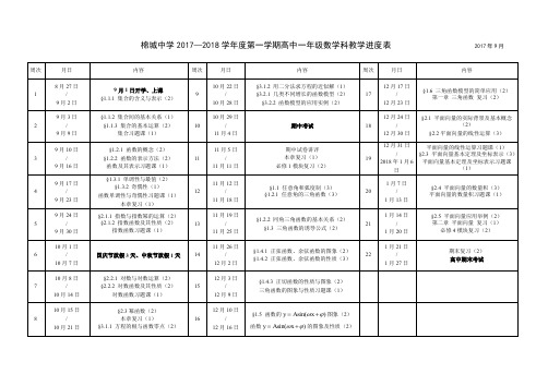 棉城中学2017-2018学年度第一学期高中一年级数学科教学进度表