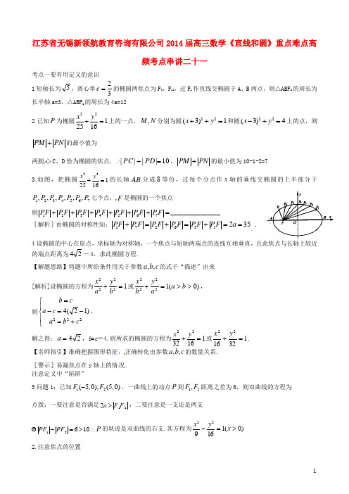 江苏省无锡新领航教育咨询有限公司高三数学《直线和圆》重点难点高频考点串讲二十一