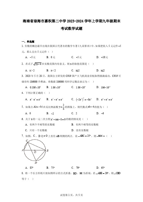 海南省琼海市嘉积第二中学2023-2024学年上学期九年级期末考试数学试题