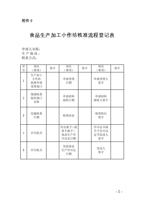 9 食品生产加工小作坊核准流程登记表