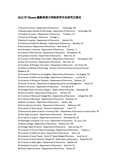 2012年USnews最新美国大学经济学专业研究生排名.新docx