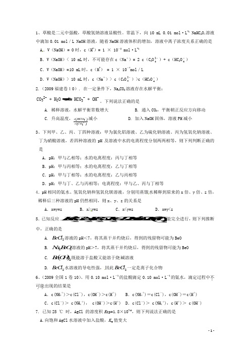 江苏省高三化学二轮复习 专题19《水溶液中的离子平衡》课时作业