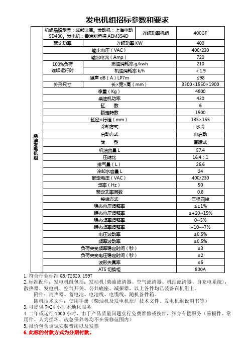 400KW上海申动发电机组技术参数