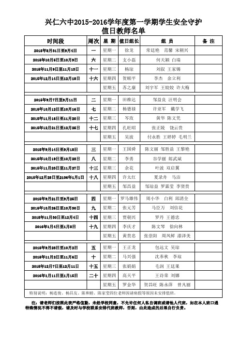 2015-2016第一学期值班安排(确定版)