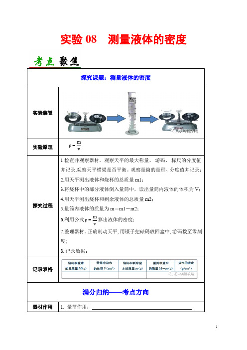 实验08  测量液体的密度-备战2020年中考物理必考实验精解精练(原卷版)