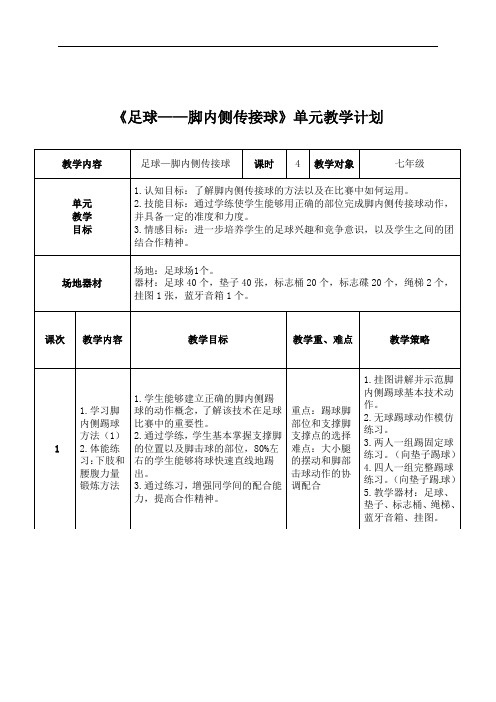 第三章  足球——脚内侧踢球 单元教学设计及教案  2021—2022学年人教版体育七年级全一册