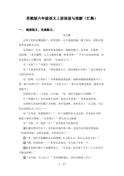 苏教版六年级语文上册阅读与理解(汇集)