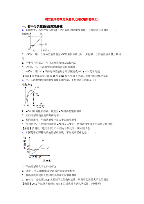 初三化学溶液的浓度单元测试题附答案(1)