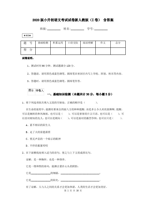 2020版小升初语文考试试卷新人教版(I卷) 含答案