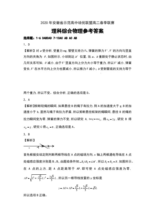 2020年安徽省示范高中培优联盟高二春季联赛理科综合物理试卷参考答案