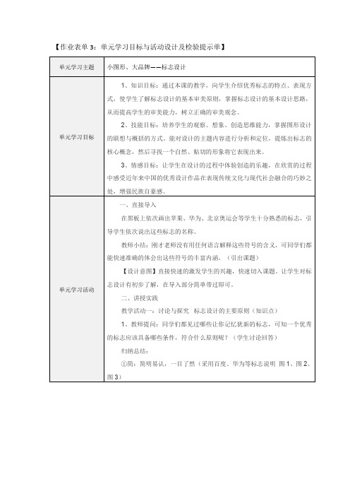 小图形、大品牌——标志设计  作业表单3：单元学习目标与活动设计及检验提示单