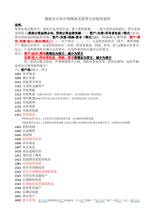 会计科目明细表及借贷方向使用说明