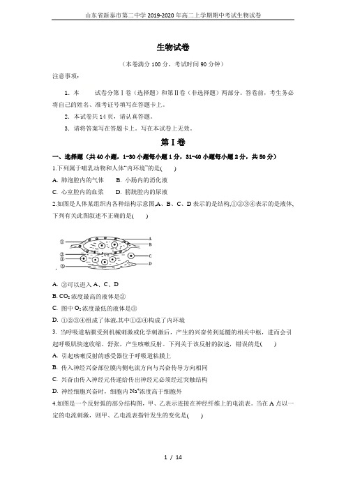 山东省新泰市第二中学2019-2020年高二上学期期中考试生物试卷