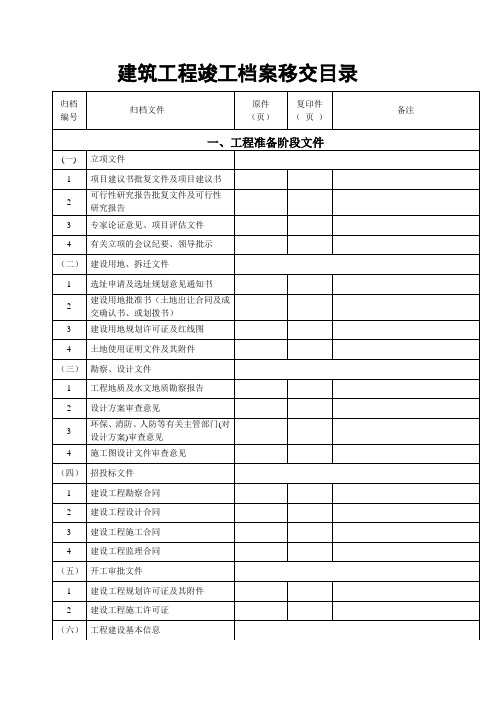 建筑工程竣工档案移交目录