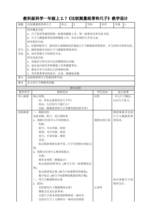 教科版小学科学一年级上册2.7《比较测量纸带和尺子》教案