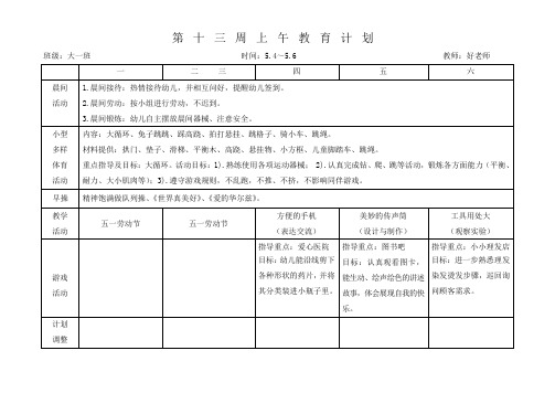 大班下学期 上下午计划 第十三周