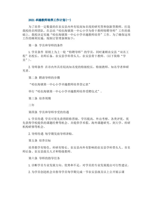 2021卓越教师培养工作计划