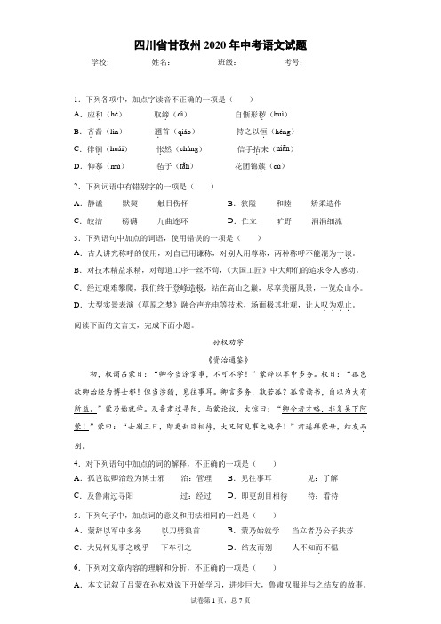 四川省甘孜州2020年中考语文试题