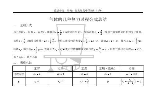 气体的几种热力过程公式总结