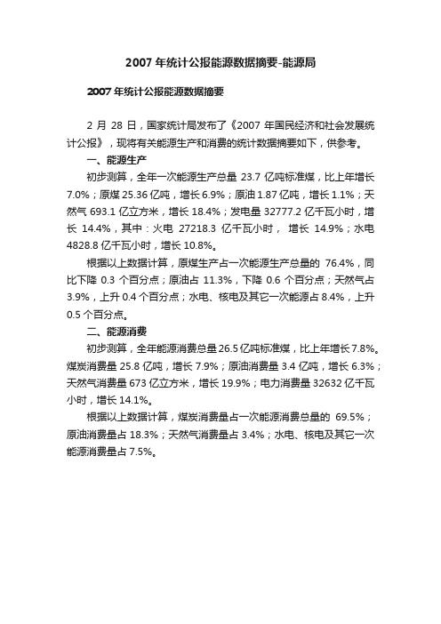 2007年统计公报能源数据摘要-能源局