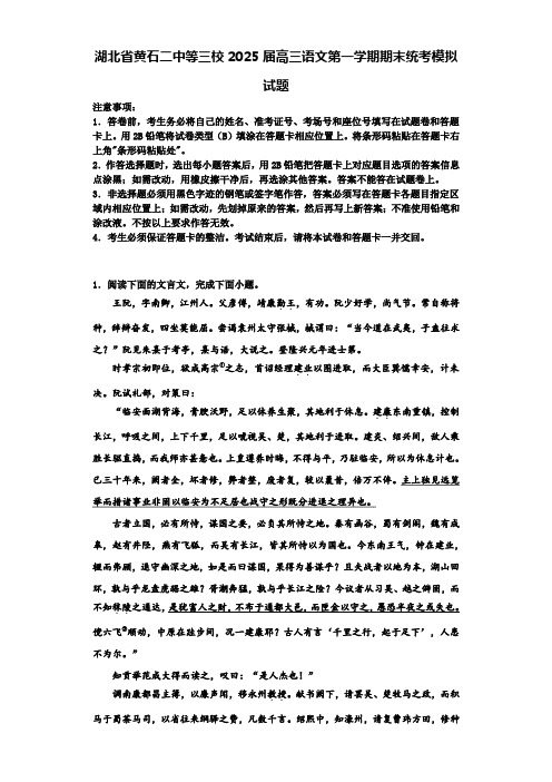 湖北省黄石二中等三校2025届高三语文第一学期期末统考模拟试题含解析