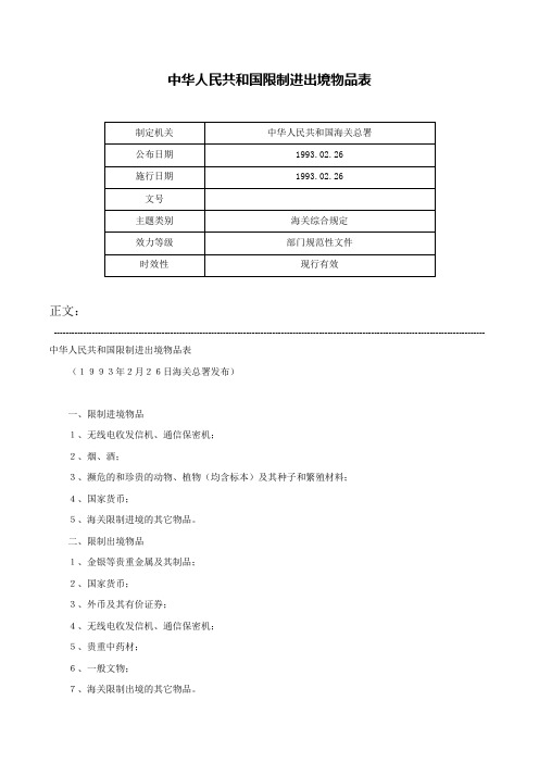 中华人民共和国限制进出境物品表-