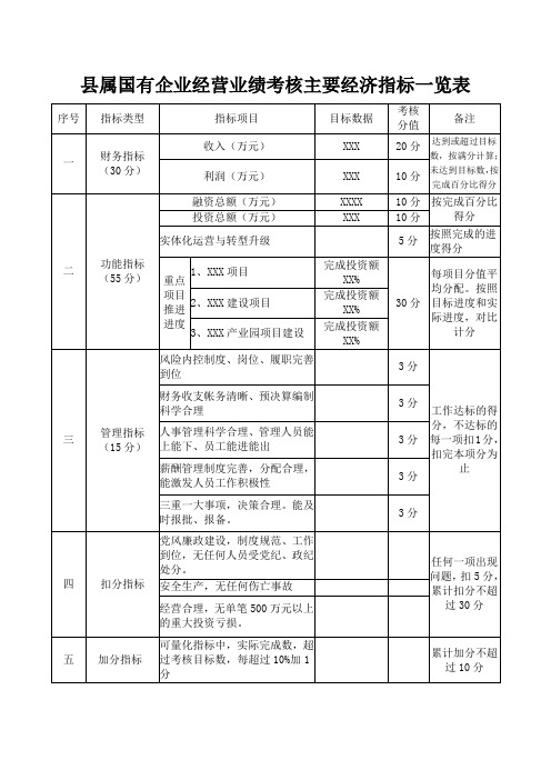 县属国有企业经营业绩考核主要经济指标一览表(含城投公司,自来水公司等平台公司)