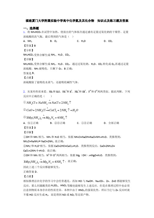 福建厦门大学附属实验中学高中化学氮及其化合物  知识点及练习题及答案