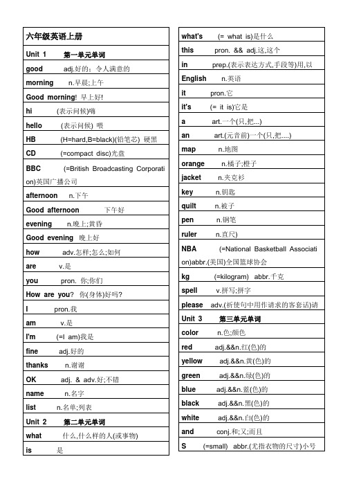 六年级上册单词表(英+汉)