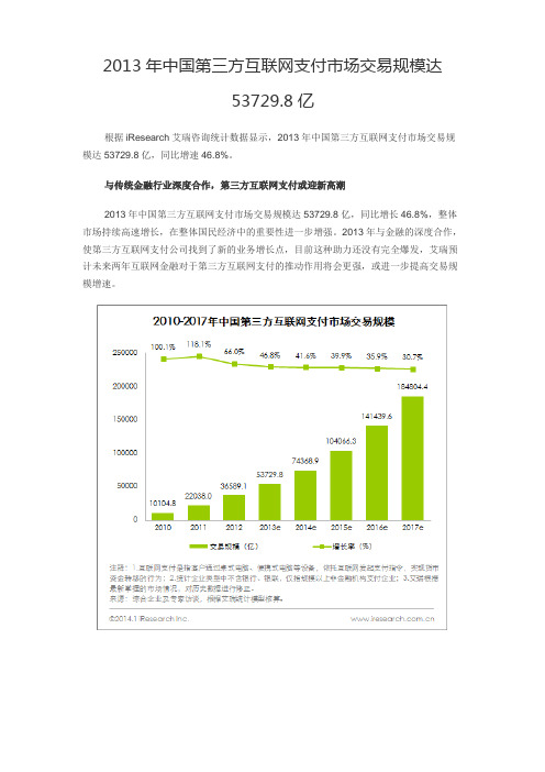 2013年中国第三方互联网支付市场交易规模