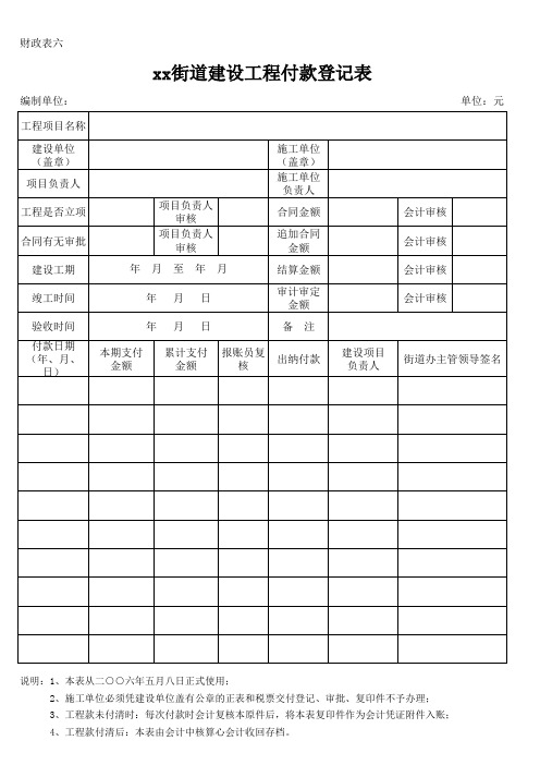 建设工程付款登记表