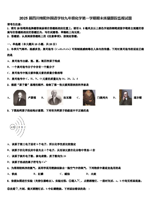 2025届四川绵阳外国语学校九年级化学第一学期期末质量跟踪监视试题含解析