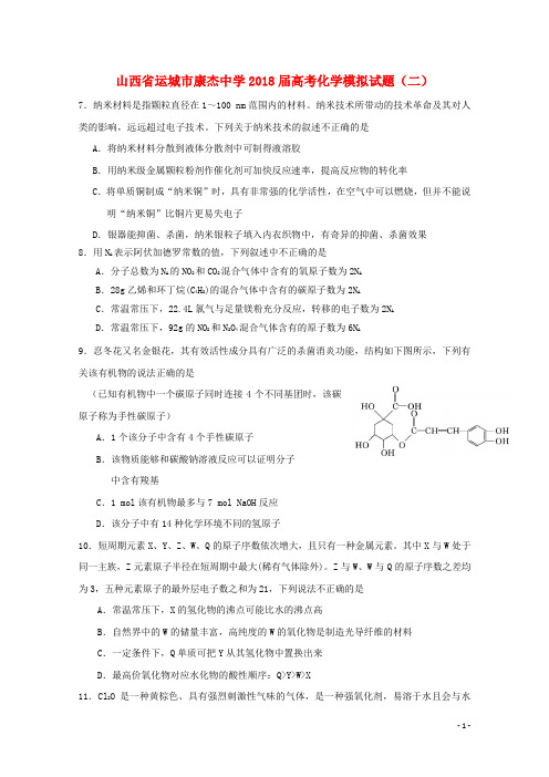 2018届山西省运城市康杰中学高考模拟试题(二)化学