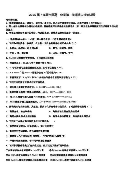 2025届上海嘉定区高一化学第一学期期末检测试题含解析