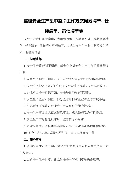 整理安全生产集中整治工作方案问题清单、任务清单、责任清单表