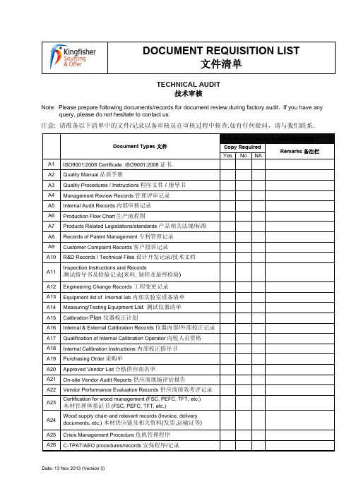 翠丰验厂审核文件清单 ver