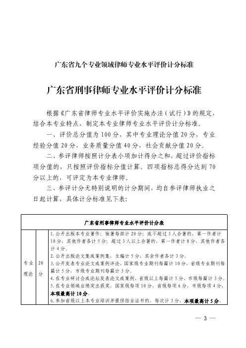 广东省九个专业领域律师专业水平评价计分标准