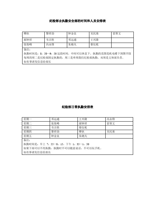 纪检部值日安排表