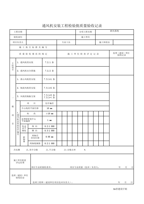 通风机安装工程检验批质量验收记录表格模板