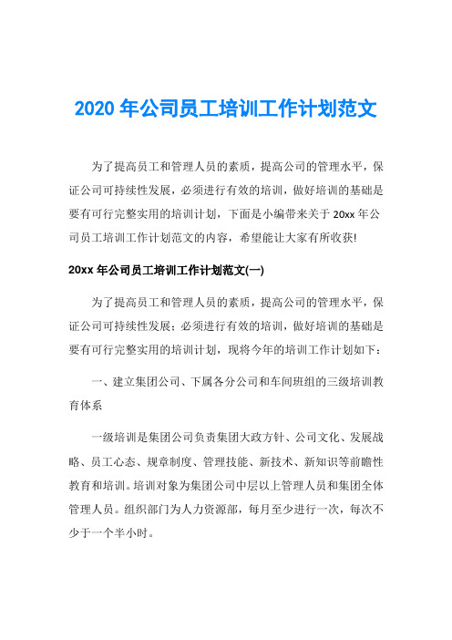 2020年公司员工培训工作计划范文